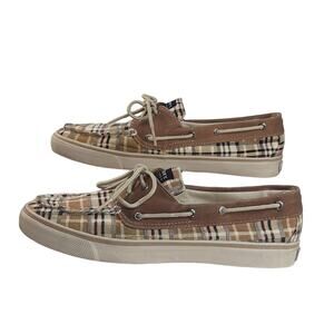 Sperry Top-Sider Tan Red Green Plaid Canvas Loafers Women's Size 10M‎